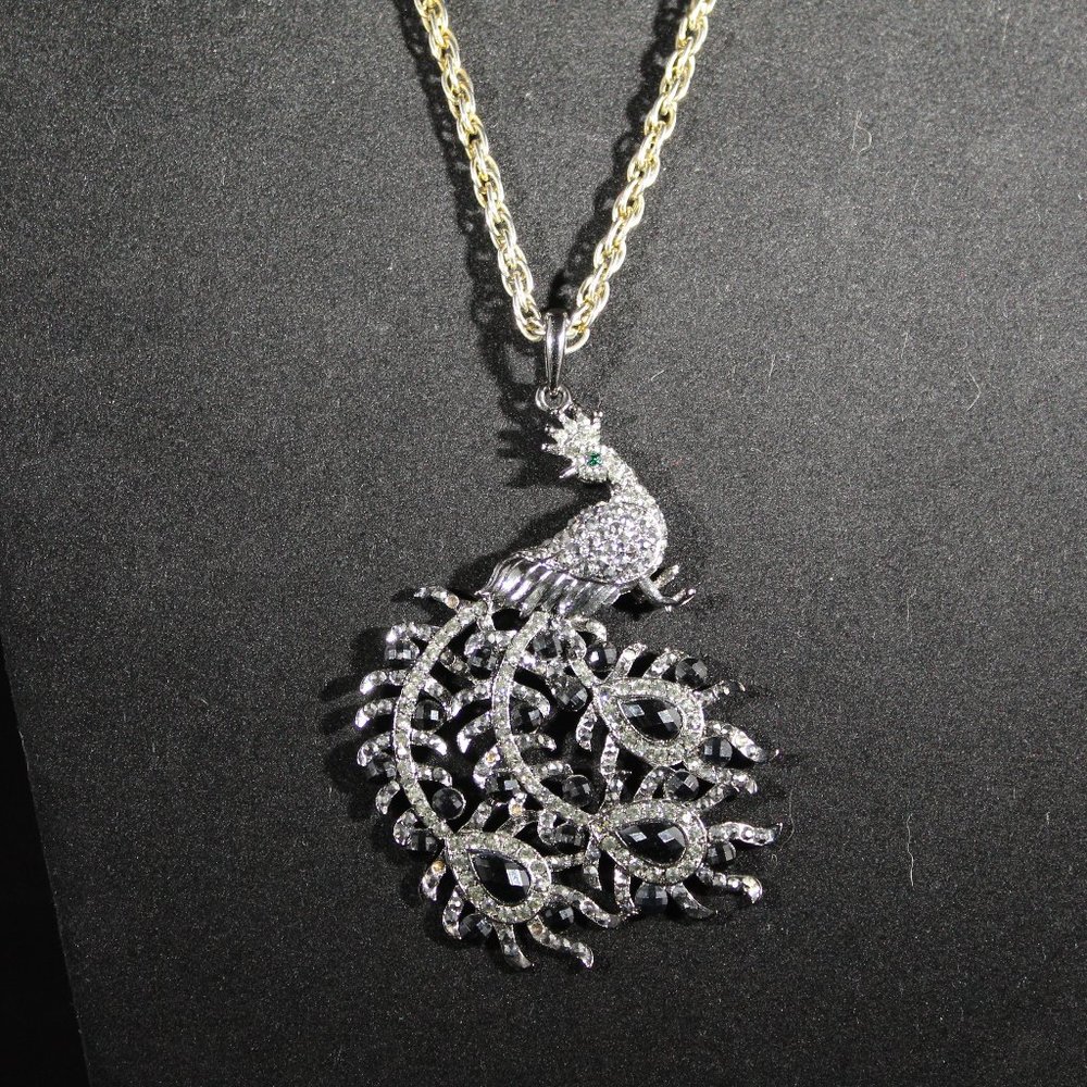 Black and pewter rhinestone peacock necklace